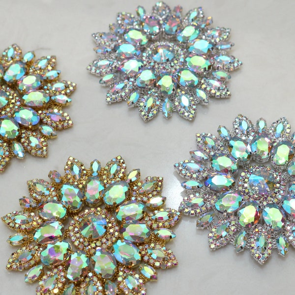 AB Rhinestone Flower Applique, Bridal Sash, Headband, DIY (2 Piece)