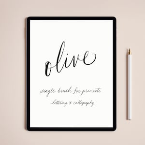 May include: A digital tablet displaying the word olive in black script, followed by the text single brush for procreate lettering & calligraphy. A white stylus with a gold tip is positioned vertically to the right of the tablet screen.
