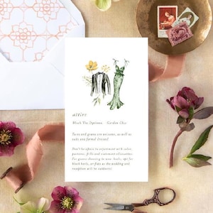 May include: A wedding invitation featuring watercolour illustrations of a tuxedo and a green gown, with the word "attire" at the top. The invitation text details dress code options and outdoor reception information.