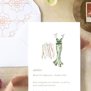 May include: Watercolor illustration of attire for a Black Tie Optional - Garden Chic event. The image features a green gown, a white shirt, and a beige blazer. The text on the card reads: Tuxes and gowns are welcome, as well as suits and formal dresses!