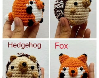 Handmade Crocheted Fox and Hedgehog Amigurumi Set: Chubby Woodland Plushies (2.7" Tall)