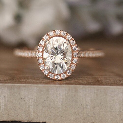 1.50ct Oval Moissanite Rose Gold Engagement Ring Diamond Halo - Etsy