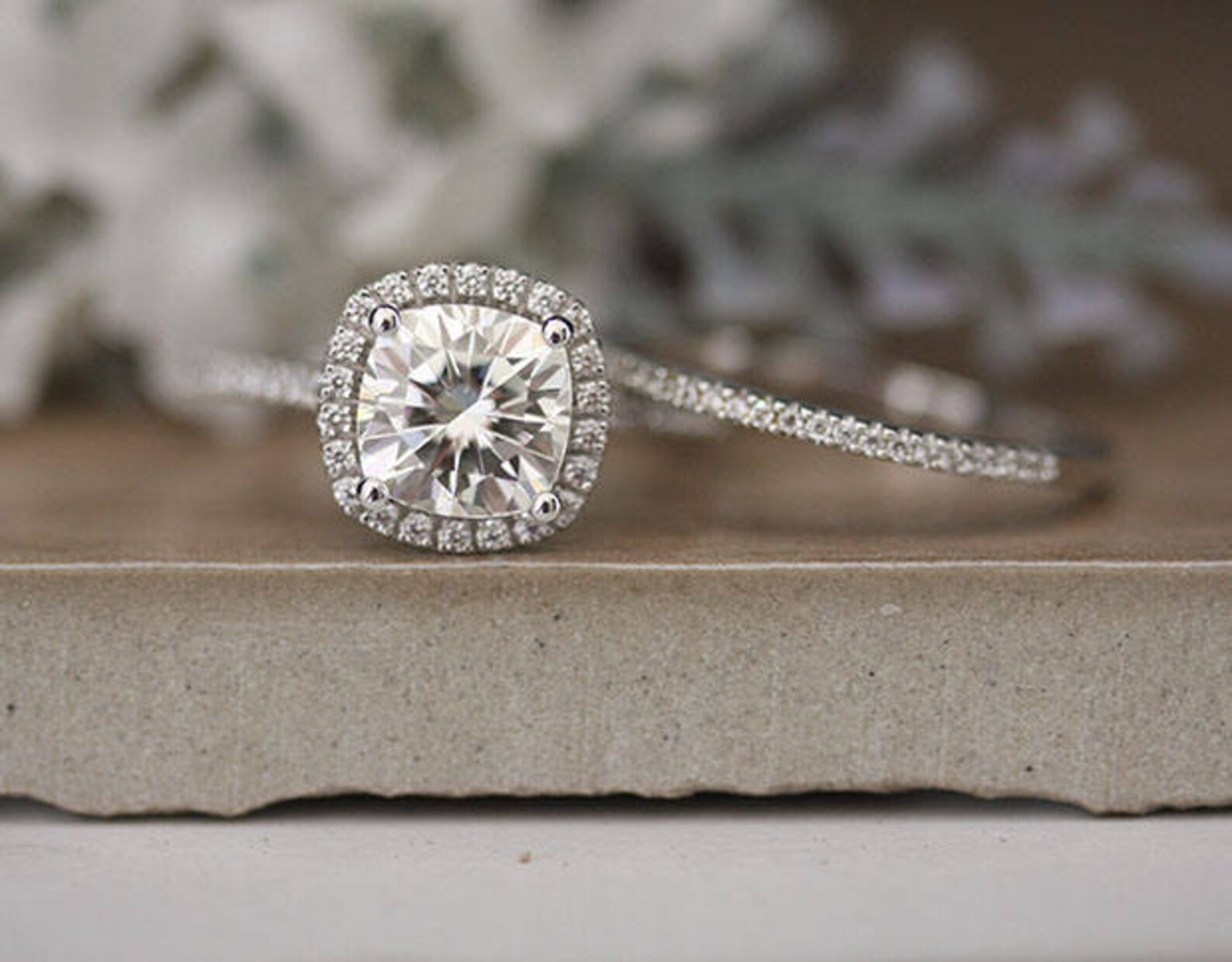 Moissanite Wedding Ring Set, White Gold Cushion Moissanite Ring, Half