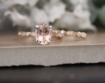 Oval Rose Gold Morganite 9x7mm Engagment Ring and Diamond Bridal Ring Set, Milgrain Diamond Band, 14k Rose Gold Morganite Ring, Promise Ring