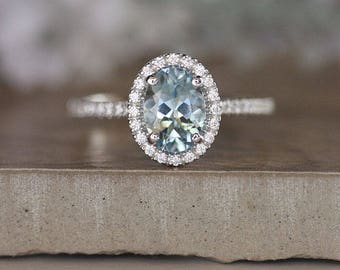 Aquamarine Engagement Ring, Oval 8x6mm Real Aquamarine 14k White Gold and Diamond Halo Ring, Half Eternity Diamond Band, Diamond Halo Ring