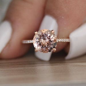 9mm Round Peach Pink Morganite Engagement Ring, Promise Ring, Half Eternity Diamond Band Ring, Morganite Solitaire Ring, Rose Gold Ring