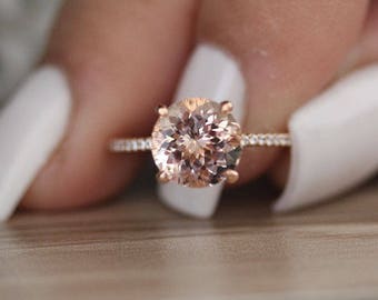 9mm Round Peach Pink Morganite Engagement Ring, Promise Ring, Half Eternity Diamond Band Ring, Morganite Solitaire Ring, Rose Gold Ring