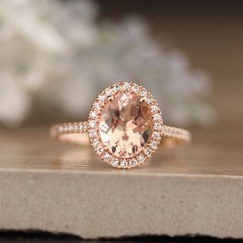 Oval Morganite Engagement Ring Diamond Halo Ring Diamond - Etsy