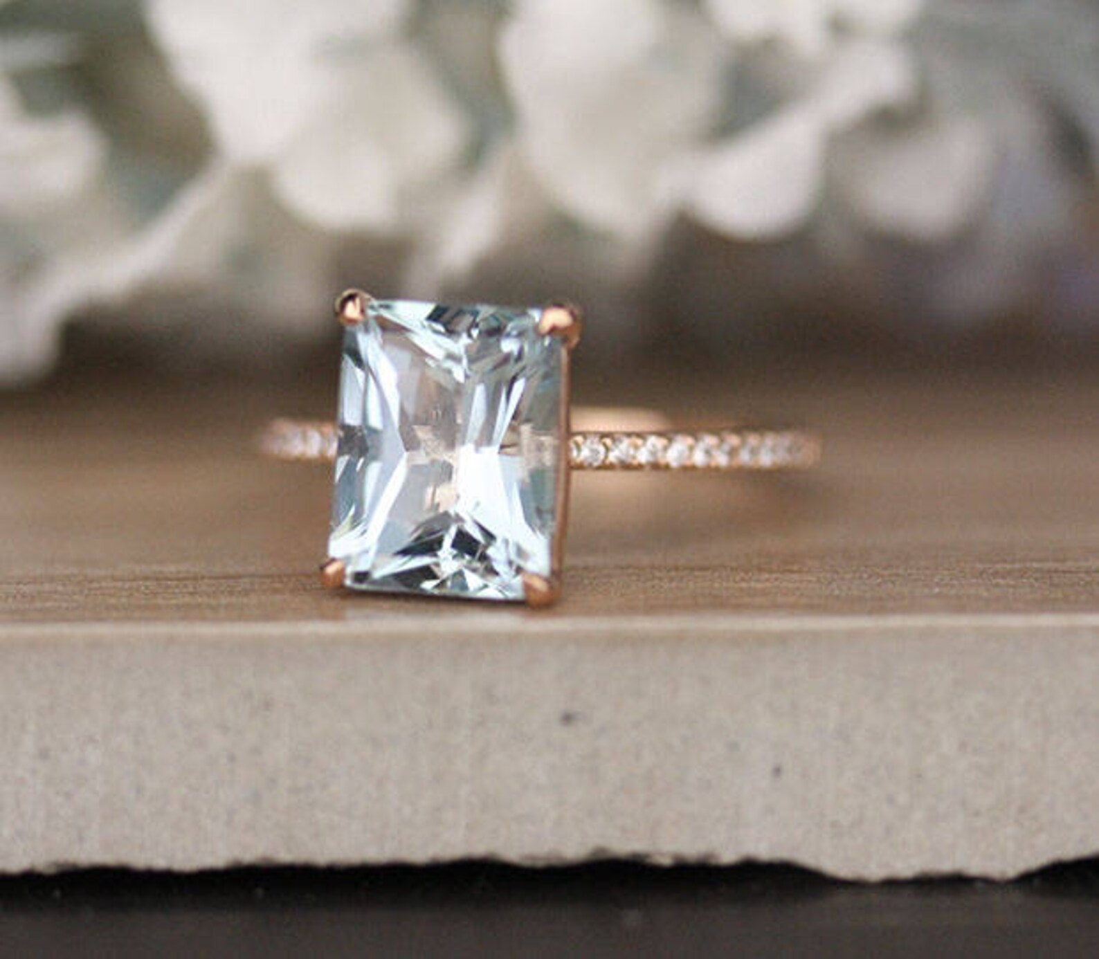 Aquamarine Emerald Cut 10x8mm Engagement Ring Rose Gold Etsy