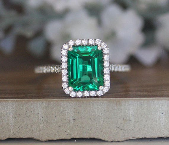 Emerald Cut 9x7mm Lab Created Emerald Engagement Ring White | Etsy
