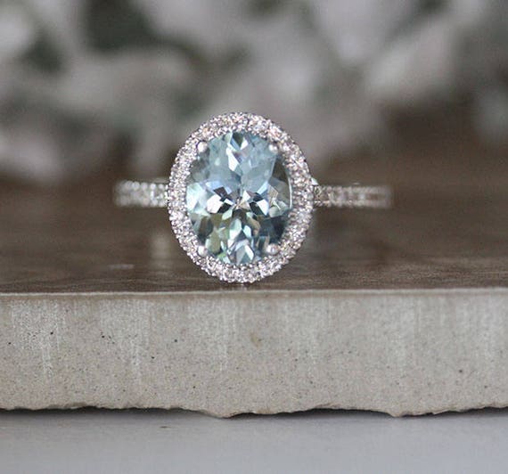 Engagement Ring Aquamarine White Gold and Diamond Halo Ring 14k