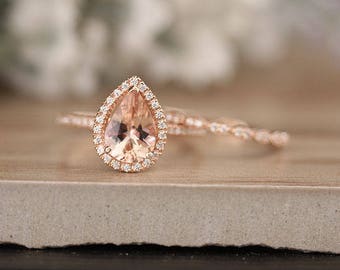 10 k Rose Gold Morganit Ring, Milgrain Diamant Band, Ehering, Ring Set, Brdial Ring Set, 2 Karat Pfirsich Morganit Birne 10 k Rose Gold