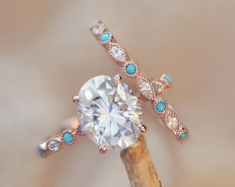 3ct Oval Moissanite Turquoise Engagement Ring Set: Rose Gold Wedding Band