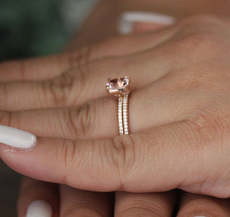 Wedding Ring Set with 7mm Cushion and Diamonds in Etsy