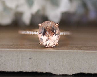 LOW COST 10x8mm Oval Peach Pink Morganite Engagement Ring, Half Eternity Diamond Band Ring, Morganite Solitaire Ring, 10k Rose Gold Ring