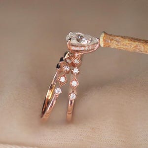 1.50ct Pear Moissanite Engagement Ring Set: Rose Gold Vintage Bridal