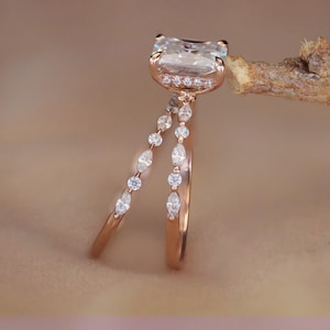 Rose Gold Moissanite Radiant Cut Hidden Halo Engagement Ring Set