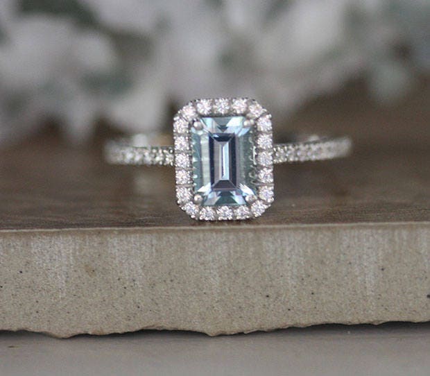 Aquamarine Emerald Cut 7x5mm 14k White Gold Engagement Ring - Etsy