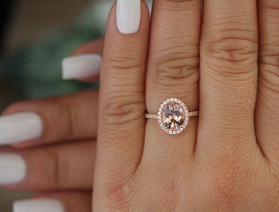 Affordable Wedding Ring Set With 9x7mm Oval Morganite and Diamonds in 10k  Rose Gold, Morganite Engagement Ring, Milgrain Diamond Band 