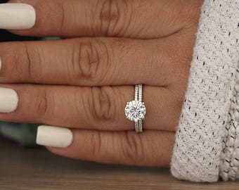 Moissanite Round 8mm Engagement Ring, Bridal Ring Set, Diamond Wedding Band, Forever Exotic Moissanite White Gold Ring, Diamond Ring