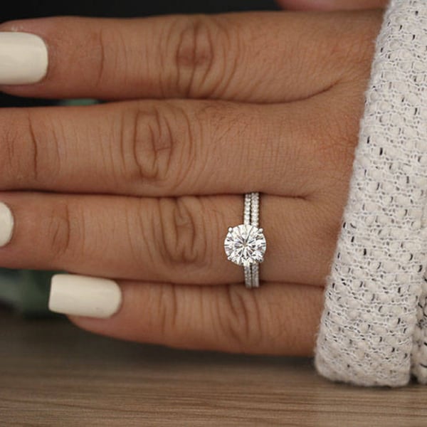 Moissanite Round 8mm Engagement Ring, Bridal Ring Set, Diamond Wedding Band, Forever Exotic Moissanite White Gold Ring, Diamond Ring