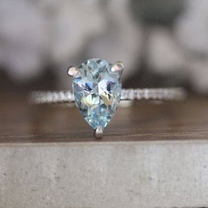 Pear 9x6mm Aquamarine Engagement Ring, Diamond Half Eternity Band, Natural Aquamarine Wedding Ring, Bridal Ring