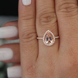 2 Carat Morganite Pear 10x7mm Engagement Ring, Low Cost 10k Solid Gold and Diamond Halo Ring, Pink Morganite Pear Rose Gold and Diamond Ring image 3