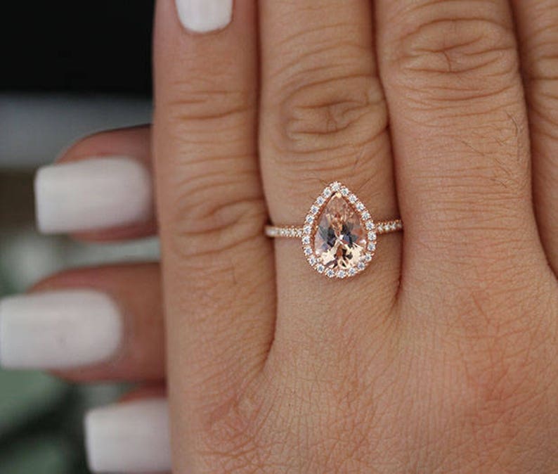 2 Carat Morganite Pear 10x7mm Engagement Ring, Low Cost 10k Solid Gold and Diamond Halo Ring, Pink Morganite Pear Rose Gold and Diamond Ring image 3