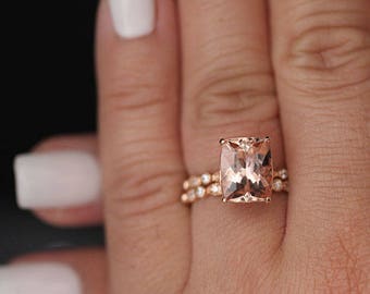 Bridal Ring Set, Morganite Rose Gold Engagement Ring, Cushion 11x9mm Morganite Ring, Diamond Milgrain Band, Solitaire Ring, Promise Ring