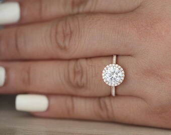 1.50ct Round Rose Gold Moissanite Engagement Ring, Diamond Halo Ring, Moissanite and Diamond Wedding Ring, Wedding Band, Promise Ring