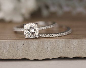 Moissanite Cushion Engagement Ring and Diamond Wedding Band Set, White Gold Bridal Ring Set, Moissanite Wedding Ring, Diamond Band