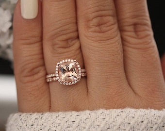 9mm Cushion Rose Gold Bridal Ring Set, Morganite Engagement Ring, Diamond Wedding Band, Half Eternity Milgrain Diamond Band, Ring