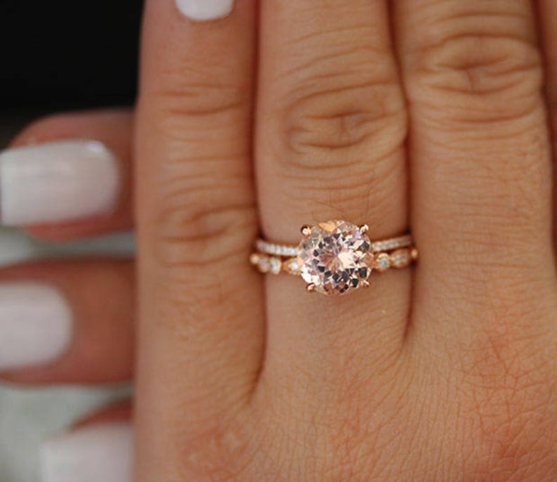 Bridal Ring Set with 9mm Round and Diamonds in 14k Etsy