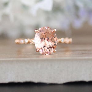 LOW COST Engagement Ring, 10k Rose Gold Morganite and Diamond Milgrain Band, Wedding Ring Set, Morganite Oval 10x8mm Solitaire Diamond Ring