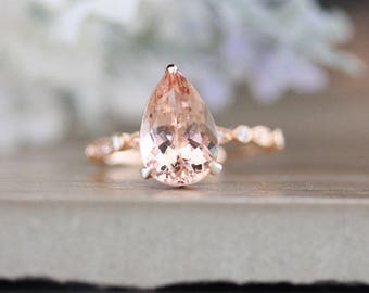 LOW COST 10k Solid Gold Real Morganite Pear 12x8mm Engagement Ring, Diamond Milgrain Band, Morganite Solitaire Ring, Wedding Band Set