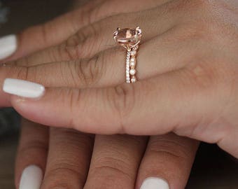Bridal Ring Set with 10x8mm Oval Morganite and Diamonds in 10k Rose Gold, Morganite Engagement Ring, Milgrain Diamond Half Eternity Band