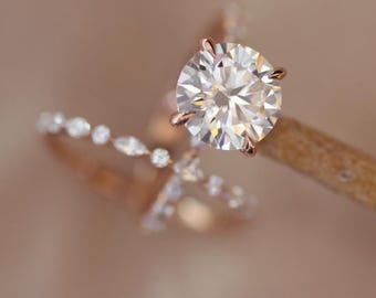 Hidden Halo Moissanite Ring Set: Round Cut Rose Gold Bridal Jewelry