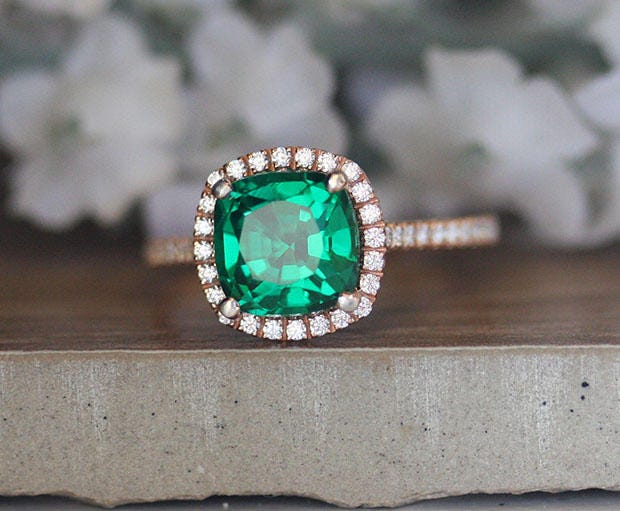 8mm Cushion Emerald Engagement Ring Lab Created Emerald and - Etsy