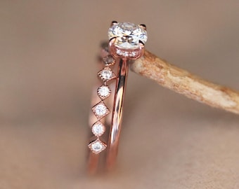 Rose Gold Wedding Ring Set: Hidden Halo Moissanite Engagement Ring, Bridal Band