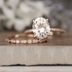 Rose Gold Engagement Ring, Moissanite Oval 10x8mm and Diamond Bridal Ring Set, Forever Exotic 3.00cts Moissanite Engagement Ring