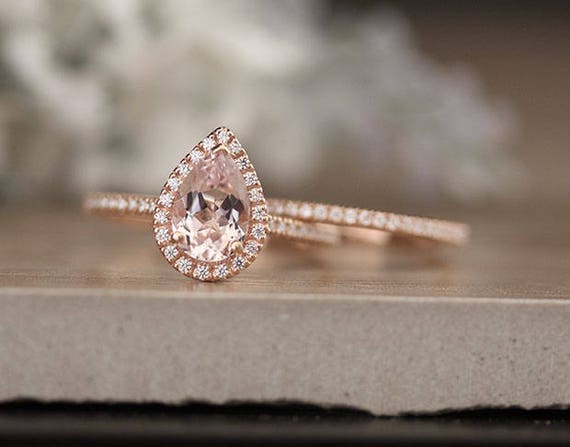 Pear 9x6mm Rose Gold Morganite Engagement Ring and Diamond Wedding