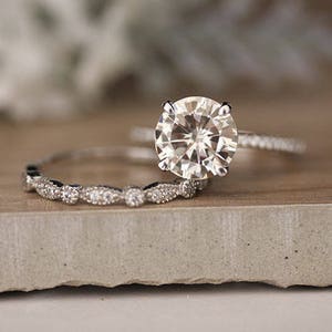 White Gold Engagement Ring, Moissanite Round 9mm and Diamond Bridal Ring Set, Forever Exotic 3.00cts Moissanite Engagement Ring