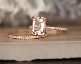 Bridal Ring Set with 9x7mm Emerald Cut Morganite and Diamonds in 14k Rose Gold, Morganite Engagement Ring, Diamond Half Eternity Band