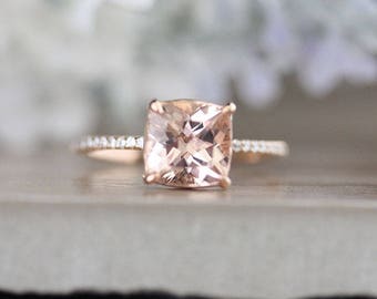 Cushion 8mm Morganite Engagement Ring, Solitiare, Half Eternity Diamond Band, Peach Morganite Ring, Promise Ring, 10k Rose Gold Ring