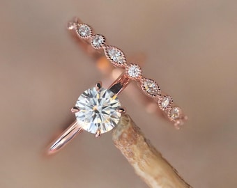 Round 1CT Hidden Halo Moissanite Engagement Ring Set: 14k Rose Gold Wedding Band