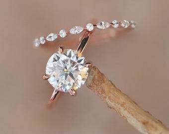 Round 2ct Hidden Halo Moissanite Engagement Ring Set: Rose Gold Wedding Band