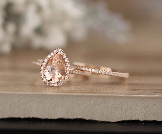 Rose Gold Morganite Ring Bridal Set in Vintage Diamond Floral Band 14K White Gold / 7.0