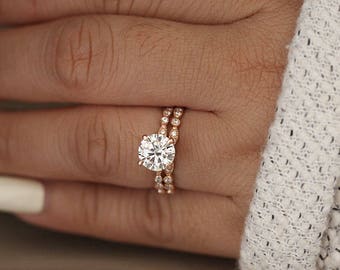 Wedding Ring Set, Moissanite Rose Gold Engagement Ring, Round 8mm Moissanite Ring, Diamond Milgrain Band, Solitaire Ring, Promise Ring