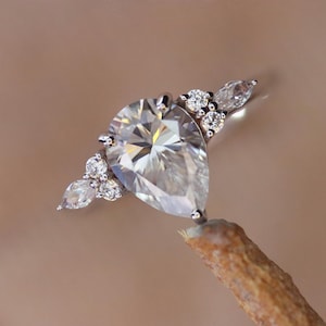 Pear Moissanite Engagement Ring: Unique Cluster, White Gold Art Deco Bridal Ring