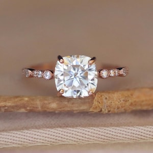 2.40ct Cushion Moissanite Engagement Ring, Rose Gold Wedding Band, 8mm Cushion Moissanite Gold Ring, D color Moissanite Forever Ring